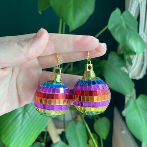 Colorful Rainbow Disco Ball Dangle Earrings